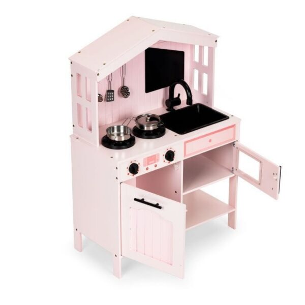 Pink Wooden Play Kitchen with Oven, Burners, Microwave and Accessories